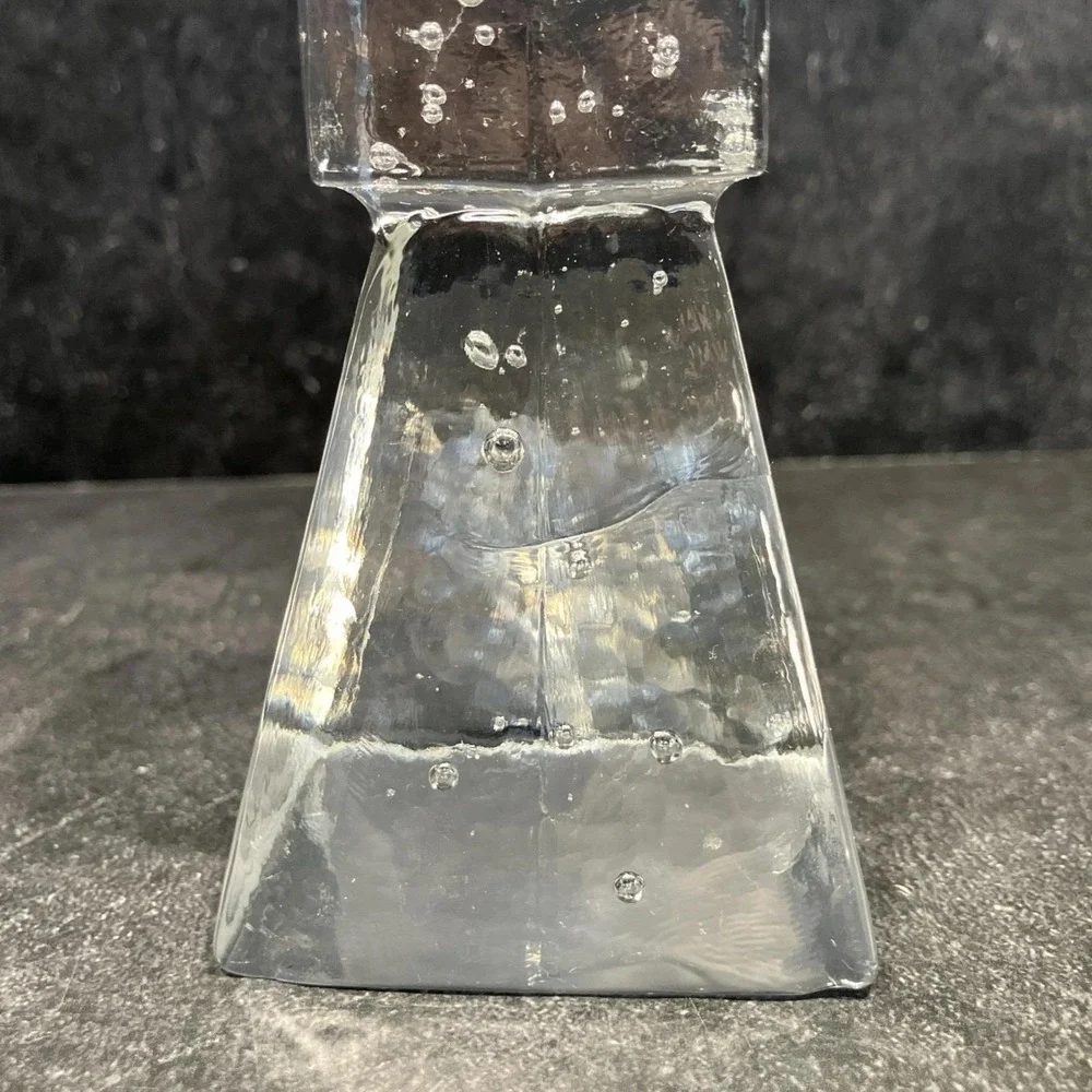 Scandinavian Ice Block Glass Candle Holder Brutalist Bubble Crystal MCM Vintage